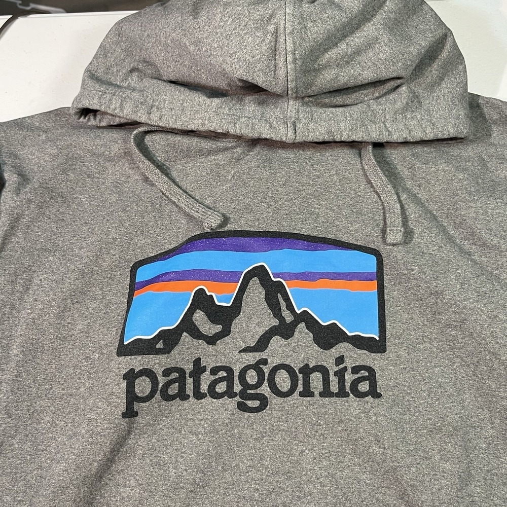 Patagonia Mens L Uprisal Logo Hoodie Gray Recycled Fleece Pullover EUC